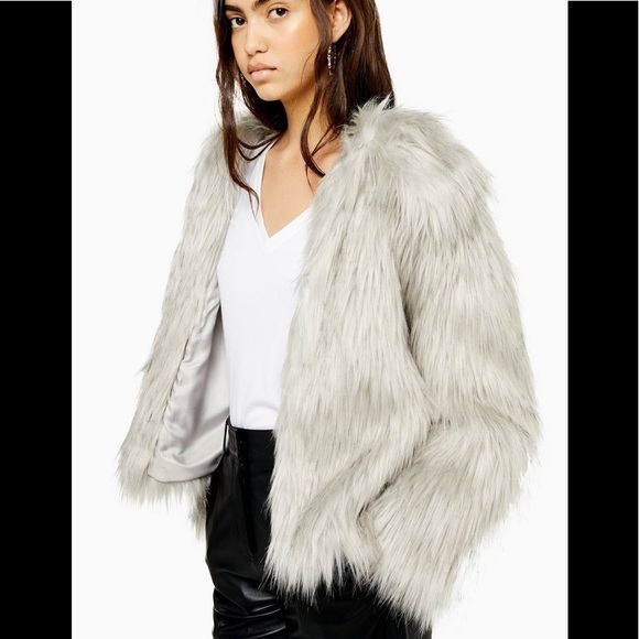 TOPSHOP GREY TIPPED FAUX FUR COAT NWT - Picture 2 of 12